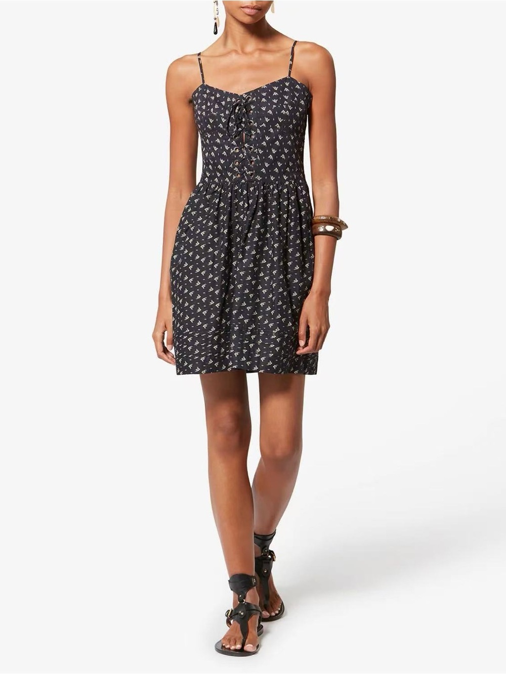 Loro Piana Black Mini Dress with Tiny Cream Floral Print - Picture 2 of 10